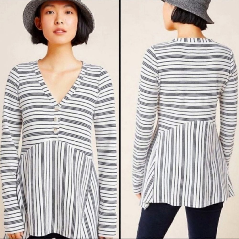 Anthropologie MAEVE Eliza Striped Waffle Knit Long Sleeve Henley Tunic Size XS